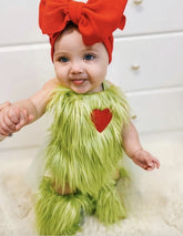Green Grinch Baby Girl Costume , Faux Fur Tulle Tutu Romper Dress And Leg Warmers Socks.